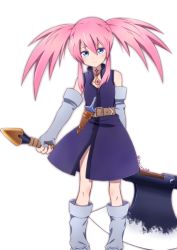 Rule 34 | 1girl, axe, belt, blue eyes, boots, closed mouth, elbow gloves, feet out of frame, gloves, haiiro (immature), holding, holding axe, long hair, looking at viewer, pink hair, presea combatir, simple background, smile, solo, tales of (series), tales of symphonia, twintails, weapon, white background