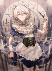 Rule 34 | 1girl, apron, blue dress, blue eyes, bow, braid, closed mouth, collared dress, commentary request, corset, cowboy shot, dress, frilled dress, frills, green bow, hair bow, highres, holding, holding weapon, izayoi sakuya, looking at viewer, maid, maid apron, pocket watch, puffy short sleeves, puffy sleeves, roman numeral, short sleeves, solo, touhou, twin braids, watch, weapon, white apron, white hair, wrist cuffs, ze xia