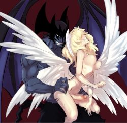 Rule 34 | 1boy, 1other, anal, angel, angel wings, asuka ryou, blonde hair, blue skin, blush, breasts, claws, collarbone, colored skin, cum, demon boy, demon tail, demon wings, devilman, devilman (character), devilman crybaby, drooling, ejaculating while penetrated, ejaculation, erection, fingernails, fudou akio, futa with male, futanari, head wings, kukumomo, long hair, male on futa, male penetrated, multiple wings, muscular, no pupils, nude, parted lips, penis, red background, saliva, satan (devilman), sex, sharp teeth, simple background, tail, teeth, uncensored, wings