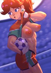 Rule 34 | 1girl, alternate hairstyle, breasts, breasts out, highres, large breasts, legs, mario (series), nintendo, nipples, open clothes, open shirt, playzholder, ponytail, princess daisy, shorts, soccer uniform, sportswear, super mario strikers, sweatdrop, thighs, tomboy, toned, topless