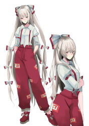 Rule 34 | 1girl, bow, closed mouth, collared shirt, fujiwara no mokou, hair bow, hands in pockets, juliet sleeves, long hair, long sleeves, looking at viewer, multiple bows, multiple views, ofuda, ofuda on clothes, pants, puffy sleeves, red eyes, red footwear, red pants, shirt, simple background, standing, suspenders, tohoyuukarin, touhou, very long hair, white background, white hair, white shirt