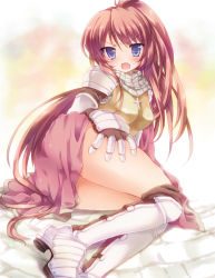 Rule 34 | 1girl, armor, armored boots, bad id, bad pixiv id, blue eyes, blush, boots, breastplate, brown hair, cape, chainmail, commentary request, cross, full body, gauntlets, hair between eyes, hizukiryou, knight (ragnarok online), long hair, looking at viewer, lying, on side, open mouth, pauldrons, pink cape, ragnarok online, shoulder armor, solo, thighs
