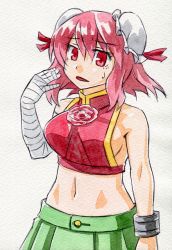 Rule 34 | 1girl, adapted costume, bandages, bare shoulders, blush, breasts, bun cover, chinese clothes, cuffs, double bun, fanning face, fanning self, flower, ibaraki kasen, kawachi koorogi, large breasts, marker (medium), midriff, navel, open mouth, pink eyes, pink hair, rose, short hair, skirt, sleeveless, solo, touhou, traditional media