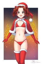 Rule 34 | 1girl, :d, alternate hair length, alternate hairstyle, aposine, bikini, border, brown eyes, brown hair, capelet, christmas, christmas tree, feet out of frame, flat chest, fur-trimmed legwear, fur trim, girls und panzer, gloves, hat, kadotani anzu, looking at viewer, open mouth, outside border, red bikini, red gloves, santa bikini, santa hat, short hair, smile, solo, swimsuit, thighhighs, twintails, white border