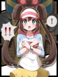 Rule 34 | 1girl, :o, absurdres, alternate breast size, blush, breasts, bright pupils, brown hair, cofagrigus, commentary request, creatures (company), crossed wrists, dirty, dirty clothes, double bun, game freak, gen 5 pokemon, green eyes, hair bun, highres, long hair, looking at viewer, medium breasts, nintendo, open mouth, pantyhose, pokemon, pokemon (creature), pokemon bw2, raglan sleeves, rosa (pokemon), shabana may, shirt, shorts, surprised, twintails, visor cap, white headwear, white pupils, yellow shorts
