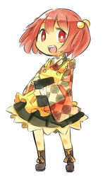 Rule 34 | 1girl, :d, apron, book, boots, checkered clothes, checkered kimono, frilled skirt, frills, full body, hair bobbles, hair ornament, hisui (kimochi), holding, holding book, japanese clothes, kimono, motoori kosuzu, open mouth, red eyes, red hair, skirt, smile, solo, touhou, twintails, two side up, white background