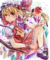 Rule 34 | 1girl, absurdres, apple, ascot, blonde hair, crystal wings, dress, flandre scarlet, food, fruit, full body, hand up, hat, highres, ichirugi, loose socks, mary janes, mob cap, pointy ears, puffy short sleeves, puffy sleeves, red dress, red eyes, shoes, short sleeves, simple background, socks, solo, touhou, white background, wrist cuffs, yellow ascot