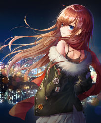 Rule 34 | 1girl, back, bare shoulders, black shirt, blue eyes, blurry, bokeh, brown hair, camisole, city lights, closed mouth, depth of field, floating hair, from behind, fur trim, green jacket, hair between eyes, hands in pockets, highres, jacket, lkeris, long hair, long sleeves, looking at viewer, looking back, night, night sky, off shoulder, open clothes, open jacket, original, outdoors, pleated skirt, shirt, sidelocks, skirt, sky, sleeveless, sleeveless shirt, smile, solo, spaghetti strap, sparkle, standing, upper body, white skirt