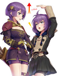 Rule 34 | 2girls, arm up, arrow (projectile), bernadetta von varley, bob cut, breasts, cleavage, dual persona, fingers together, fire emblem, fire emblem: three houses, garreg mach monastery uniform, gloves, gonzarez, hair ornament, height difference, highres, hood, index fingers together, looking at another, multiple girls, nintendo, open mouth, purple hair, quiver, school uniform, short hair, shorts, shorts under skirt, simple background, skirt, white background