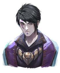 Rule 34 | 1boy, absurdres, aphelios, black hair, black shirt, brown eyes, closed mouth, cropped torso, facial mark, grey background, grey jacket, highres, jacket, league of legends, looking at viewer, male focus, pink jacket, ramgu, shirt, short hair, simple background, solo, upper body