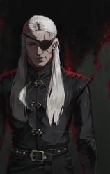 Rule 34 | 1boy, a song of ice and fire, aemond targaryen, aleksandra skiba, artist name, belt, black jacket, closed mouth, evil smile, eyepatch, highres, house of the dragon, jacket, lips, long hair, long sleeves, looking at viewer, purple eyes, scar, scar on face, smile, solo, upper body, white hair