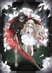Rule 34 | 1boy, 1girl, absurdres, armor, black cloak, black ribbon, blue eyes, cloak, commentary, copyright name, dress, ender lilies quietus of the knights, english commentary, flower, full armor, full body, gredell elle, grey hair, highres, holding, holding sword, holding weapon, hood, hooded cloak, jewelry, knight, lily (ender lilies), lily (flower), long hair, looking at viewer, necklace, own hands together, parted lips, petals, ribbon, stained glass, sword, umbral knight (ender lilies), wavy hair, weapon, white dress, white flower, window