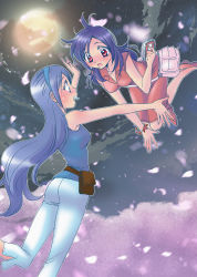 Rule 34 | 00s, 2girls, absurdres, aono miki, blue eyes, blush, bracelet, casual, cellphone, cherry blossoms, couple, eye contact, flying, fresh precure!, full moon, hairband, higashi setsuna, highres, jewelry, long hair, looking at another, moon, multiple girls, muumin, night, open mouth, outstretched arms, pants, petals, phone, precure, purple hair, red eyes, yuri