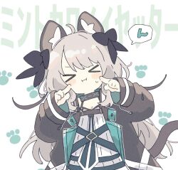 Rule 34 | &gt; &lt;, 1girl, animal ear fluff, animal ears, arknights, black collar, black jacket, black ribbon, blush, cat ears, cat girl, cat tail, closed eyes, closed mouth, collar, commentary request, facing viewer, fingersmile, grey hair, hair ribbon, highres, infection monitor (arknights), jacket, long hair, long sleeves, mint (arknights), naguru (cyoroama), ribbon, simple background, sleeves past wrists, solo, tail, upper body, white background, wide sleeves
