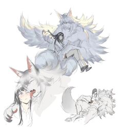 Rule 34 | 1boy, 1girl, animal ear fluff, animal ears, animal hands, belly rub, black hair, blue eyes, body fur, claws, closed eyes, closed mouth, commentary, digitigrade, fang, fang out, full body, grey fur, grey hair, hand up, leviair, licking, licking another&#039;s face, light blush, long hair, long sleeves, looking at another, lying, monster boy, multiple views, on back, one eye closed, original, parted lips, playing with another&#039;s hair, simple background, sitting, sitting on lap, sitting on person, sketch, skirt, symbol-only commentary, tail, toned, toned male, tongue, tongue out, white background, wolf boy, wolf ears, wolf tail, yellow eyes