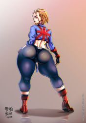 Rule 34 | 1girl, ass, black gloves, black leggings, blonde hair, blue eyes, blush, boots, brown background, cameltoe, cammy white, cropped jacket, fingerless gloves, from behind, full body, gloves, gradient background, highres, huge ass, leggings, long sleeves, midriff, parted lips, red footwear, shimetta masuta, short hair, solo, standing, street fighter, street fighter 6, thick thighs, thighs