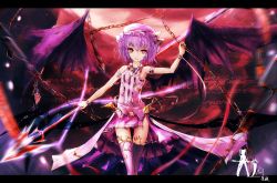 Rule 34 | 1girl, adapted costume, bad id, bad pixiv id, bat wings, chain, dress, female focus, hat, hat ribbon, letterboxed, looking at viewer, overskirt, pink dress, pink thighhighs, purple hair, red eyes, remilia scarlet, ribbon, sash, short hair, sleeveless, sleeveless dress, solo, spear the gungnir, thighhighs, touhou, walking, wangchuan de quanyan, wings, wrist cuffs, zettai ryouiki
