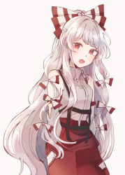 Rule 34 | 1girl, :o, bare shoulders, bow, breasts, commentary request, cowboy shot, fujiwara no mokou, grey shirt, hair bow, long hair, looking at viewer, mozukuzu (manukedori), ofuda, ofuda on clothes, open mouth, pants, red bow, red eyes, red pants, shirt, simple background, sleeveless, sleeveless shirt, small breasts, solo, standing, suspenders, torn clothes, touhou, two-tone bow, very long hair, white background, white bow, white hair