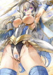 Rule 34 | 1girl, arm up, armor, armpits, bad id, bad pixiv id, blue thighhighs, breastless clothes, breasts, censored, crotchless, elia (p&amp;d), eyebrows, female pubic hair, helmet, ilya (p&amp;d), large breasts, long hair, nipples, pubic hair, purple eyes, pussy, puzzle &amp; dragons, revealing clothes, silver hair, silver pubic hair, solo, thighhighs, very long hair, wings, yohane