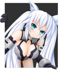 Rule 34 | 10s, 1girl, animal ears, aqua eyes, armlet, bare shoulders, bent over, black background, black gloves, black heart (neptunia), blush, bracer, breasts, cleavage, cleavage cutout, clothing cutout, cowboy shot, elbow gloves, female focus, gloves, halterneck, head tilt, highres, kami jigen game neptune v, kemonomimi mode, large breasts, leaning forward, leotard, light smile, long hair, looking at viewer, magical girl, neptune (series), noire (neptunia), power symbol, power symbol-shaped pupils, sarvuant, sideboob, sidelocks, simple background, smile, solo, symbol-shaped pupils, turtleneck, twintails, very long hair, white hair, wolf ears