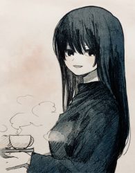 Rule 34 | 1girl, :d, black eyes, black hair, cup, from side, graphite (medium), holding, holding tray, ka (marukogedago), long sleeves, looking at viewer, looking to the side, mixed media, open mouth, original, smile, solo, steam, sweater, teacup, traditional media, tray