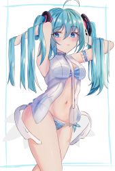 Rule 34 | 1girl, ahoge, aqua hair, arm behind head, arm garter, arms up, bikini, blue eyes, blush, breasts, detached sleeves, hair between eyes, hatsune miku, highres, large breasts, long hair, navel, open clothes, open shirt, panipo, see-through, shirt, side-tie bikini bottom, solo, standing, striped bikini, striped clothes, swimsuit, thighs, twintails, vocaloid, white background, white shirt
