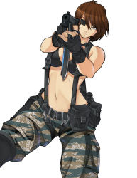Rule 34 | 1girl, aiming, aiming at viewer, ammunition pouch, bikini, bikini top only, brown hair, camouflage, canteen, chuunioniika, cosplay, eyepatch, female soldier, fingerless gloves, gloves, gun, handgun, holding, holding gun, holding weapon, knife, metal gear (series), metal gear online, metal gear solid, metal gear solid 3: snake eater, metal gear solid 4: guns of the patriots, military, naked snake, naked snake (cosplay), navel, no shirt, pistol, pouch, short hair, soldier, solo, suspenders, swimsuit, throat microphone, weapon