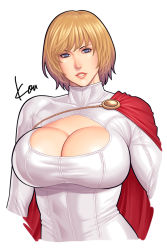 Rule 34 | 1girl, blonde hair, blue eyes, breasts, cape, cleavage, cleavage cutout, clothing cutout, dc comics, highres, huge breasts, kryptonian, lips, looking at viewer, power girl, short hair, signature, simple background, solo, superman (series), takasugi kou, white background