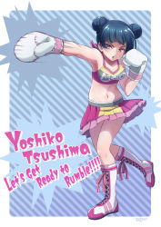 Rule 34 | 1girl, absurdres, alternate hairstyle, blue hair, boots, boxing, boxing gloves, character name, commentary, crop top, cross-laced footwear, determined, double bun, english text, fighting stance, full body, hair bun, highres, knee boots, lace-up boots, love live!, love live! sunshine!!, midriff, miniskirt, navel, open mouth, pink skirt, pink tank top, pleated skirt, punching, red eyes, red skirt, sakutatsu, short hair, skirt, solo, swept bangs, tank top, tsushima yoshiko, v-shaped eyebrows, white footwear
