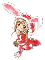 Rule 34 | animal ears, blush, boots, brown eyes, brown hair, rabbit ears, bunny girl, christmas, dress, hat, long hair, pantyhose, ponytail