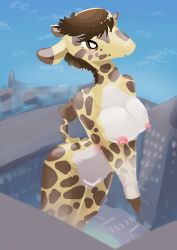 Rule 34 | 1girl, absurdres, artist request, breasts, brown eyes, brown hair, city, furry, furry female, giantness, giraffe, highres, nipples, open mouth, solo