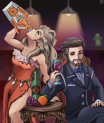 Rule 34 | 1boy, 1girl, alcohol, beard, blue bow, blue bowtie, blush, bottle, bow, bowtie, breasts, brown eyes, chair, chugging, creatures (company), crossed legs, cup, dress, drinking glass, earrings, facial hair, food, formal, fruit, game freak, grapes, highres, indoors, jewelry, juice, long hair, looking at viewer, medium breasts, nintendo, orange (fruit), orange dress, orange juice, pokemon, pokemon sv, sada (pokemon), side slit, sitting, stoic seraphim, strapless, strapless dress, suit, turo (pokemon), wine, wine bottle, wine glass
