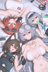 Rule 34 | 4girls, absurdres, adjusting eyewear, animal ear fluff, animal ears, aqua eyes, aqua nails, arrow (projectile), bikini, bilibili xiaolu, black choker, black gloves, black one-piece swimsuit, blush, breasts, breasts apart, brown hair, cat ears, choker, collarbone, crossed bangs, eyewear on head, fang, fingerless gloves, flat chest, food, front-tie bikini top, front-tie top, gloves, grey hair, grin, gun, hair between eyes, halterneck, heart, heart hands, highres, holding, holding food, holding popsicle, large breasts, long hair, looking at viewer, lying, magazine (weapon), multiple girls, navel, on back, one-piece swimsuit, open mouth, orange hair, original, popsicle, red choker, red eyes, sailor collar, shell casing, short hair, smile, spiked necklace, sunglasses, swimsuit, visor cap, weapon, white bikini