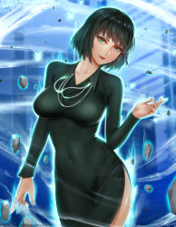 Rule 34 | &gt;:), 1girl, artist name, breasts, cityscape, closed mouth, collarbone, collared dress, commentary request, covered navel, cowboy shot, dress, easonx, floating rock, fubuki (one-punch man), green dress, green eyes, green hair, head tilt, highres, impossible clothes, impossible dress, jewelry, large breasts, long sleeves, looking at viewer, necklace, one-punch man, outdoors, pelvic curtain, red lips, serious, short hair, signature, smile, solo, sparkle, v-shaped eyebrows, watermark, web address