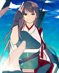 Rule 34 | 10s, 1girl, akagi (kancolle), arrow (projectile), blurry, brown eyes, brown hair, depth of field, gloves, itomagoi, japanese clothes, kantai collection, long hair, looking at viewer, muneate, out of frame, partially fingerless gloves, partly fingerless gloves, pov, pov hands, salute, sky, smile, solo focus, sparkle, tanaka io (craftstudio), tasuki, yugake