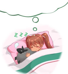 Rule 34 | 1girl, blush stickers, brown eyes, brown hair, closed eyes, closed mouth, commission, dreaming, izumikuma, kantai collection, libeccio (kancolle), long hair, pillow, pixiv commission, smile, solo, thought bubble, twintails, zzz