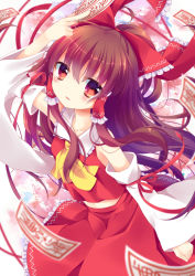 Rule 34 | 1girl, :d, ascot, blurry, bow, brown eyes, brown hair, depth of field, detached sleeves, hair bow, hair ribbon, hair tubes, hakurei reimu, holding, hoshi (snacherubi), looking at viewer, ofuda, open mouth, parted lips, ribbon, smile, solo, touhou