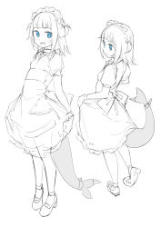 Rule 34 | 1girl, :d, alternate costume, blue eyes, blunt bangs, commentary, enmaided, fins, fish tail, full body, gawr gura, greyscale, hololive, hololive english, long hair, looking at viewer, looking away, maid, maid headdress, monochrome, multiple views, open mouth, puffy short sleeves, puffy sleeves, ribbon, saiste, shark tail, sharp teeth, short sleeves, sketch, skirt hold, smile, spot color, tail, tail ornament, tail ribbon, teeth, two side up, virtual youtuber