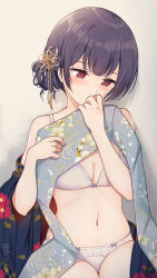 Rule 34 | 1girl, blue hair, blue kimono, blush, bow, bow bra, bow panties, bra, breasts, commentary request, flower, foley anden, hair flower, hair ornament, highres, idolmaster, idolmaster shiny colors, japanese clothes, kimono, looking down, morino rinze, navel, obi, panties, red eyes, sash, short hair, small breasts, solo, underwear, undressing, white bra, white panties