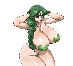 Rule 34 | 1girl, braid, braided ponytail, breasts, cheryl (pokemon), choker, creatures (company), curvy, deep skin, game freak, green hair, heart pasties, highres, huge breasts, lips, long hair, looking at viewer, maniacpaint, navel, nintendo, pasties, pokemon, pokemon dppt, sagging breasts, simple background, solo, thick thighs, thighs, white background, wide hips