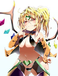 Rule 34 | 1girl, adapted costume, alternate costume, bikini, black bikini, black thighhighs, blonde hair, collar, cosplay, dio brando, dio brando (cosplay), fang, flandre scarlet, hand on own hip, jacket, jojo no kimyou na bouken, long sleeves, midriff, navel, off shoulder, open clothes, open jacket, pointing, pointing at self, pointy ears, red eyes, revealing clothes, sakurai energy, side ponytail, simple background, slingshot swimsuit, smirk, solo, star (symbol), swimsuit, thighhighs, tiara, touhou, white background, wings