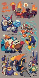 Rule 34 | 6+boys, air man, ballade (mega man), baseball glove, bass (mega man), blizzard man, blue eyes, bomb, borezet, commentary request, covered mouth, crossed arms, explosive, fighting, fire, fire man, freeze man, glaring, green eyes, hat, hug, ice, ice man, looking at viewer, male focus, mega man (classic), mega man (series), mega man 1, mega man 10, mega man 11, mega man 2, mega man 4, mega man 6, mega man 7, microphone, multiple boys, music, no humans, no mouth, robot, shade man, singing, strike man, sweatdrop, thought bubble, toad man, torch man, vampire, wind man, wings