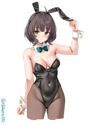 Rule 34 | 1girl, ahoge, animal ears, bare shoulders, black leotard, blush, bow, bowtie, breasts, breasts apart, brown eyes, brown hair, collarbone, covered navel, cropped legs, detached collar, ebifurya, fake animal ears, gluteal fold, hand up, highleg, highleg leotard, highres, kantai collection, kishinami (kancolle), leotard, looking at viewer, medium breasts, one-hour drawing challenge, pantyhose, parted lips, playboy bunny, rabbit ears, simple background, skindentation, solo, strapless, strapless leotard, twitter username, white background, wrist cuffs