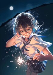 Rule 34 | 1girl, animated, animated gif, black hair, black neckerchief, black sailor collar, black skirt, blush, chainsaw man, firecrackers, green eyes, hair between eyes, hand in own hair, highres, lens flare, looking at viewer, miaoximan, moon, neckerchief, night, night sky, pleated skirt, reze (chainsaw man), sailor collar, short hair, skirt, sky, smile, solo