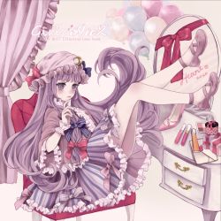 Rule 34 | 1girl, blush, bow, capelet, chair, cosmetics, crescent, dress, english text, frills, full body, hair ornament, hair ribbon, hat, hat bow, heart, heart-shaped pupils, high heels, legs up, lips, long hair, looking at viewer, mirror, mob cap, no socks, patchouli knowledge, purple eyes, purple hair, renka913, ribbon, shoes, sitting, smile, solo, striped clothes, striped dress, symbol-shaped pupils, text focus, touhou