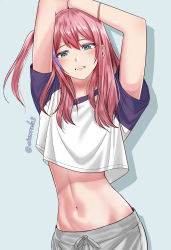 Rule 34 | 1girl, absurdres, artist name, bad id, bad pixiv id, blue background, blue eyes, blush, girls&#039; frontline, hand on headwear, highres, lips, long hair, looking at viewer, multicolored shirt, navel, o.k.corral, pink hair, shirt, solo, st ar-15 (girls&#039; frontline), stomach, truth