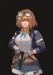 Rule 34 | 1girl, breasts, brown hair, cleavage, eyewear on head, girls&#039; frontline, gloves, grizzly mkv (girls&#039; frontline), gun, handgun, highres, holster, jacket, l.a.r. manufacturing, lar grizzly win mag, liyang5595, medium breasts, midriff, purple eyes, short hair, shorts, solo, sunglasses, unbuttoned, unbuttoned shirt, weapon