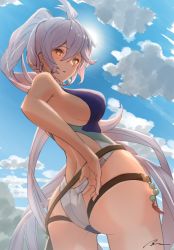 Rule 34 | 1girl, ahoge, ass, back, back cutout, bare shoulders, bon mushi, breasts, clothing cutout, cloud, commentary request, competition swimsuit, from below, granblue fantasy, hair between eyes, high ponytail, large breasts, long hair, looking down, multiple straps, one-piece swimsuit, sideboob, sidelocks, signature, silva (granblue fantasy), silver hair, solo, standing, sun, swimsuit, thighs, very long hair, yellow eyes