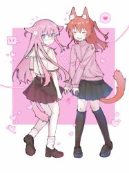 &gt;_&lt; ^_^ animal_ears artist_request black_footwear black_skirt black_socks blue_eyes blush bocchi_the_rock! cat_ears cat_girl cat_tail closed_eyes cosplay costume_switch gotoh_hitori heart jacket kita_ikuyo open_mouth pink_background pink_hair pink_jacket pink_track_suit red_hair school_uniform shy simple_background skirt smile socks sparkle string_around_finger tail track_suit two-tone_background white_background white_socks yuri