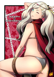 Rule 34 | 1girl, back, bikini, blonde hair, cape, chain, chained, circlet, gentle sasaki, hair ornament, hairclip, happy birthday, highres, looking back, nail polish, one eye closed, persona, persona 5, persona 5: dancing star night, persona dancing, shiny skin, signature, solo, swimsuit, takamaki anne, twintails